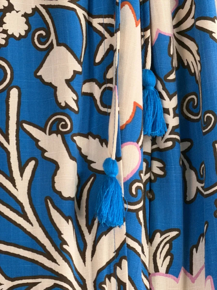 Blue Floral Print Wrap Maxi Dress Puff Sleeves - detail