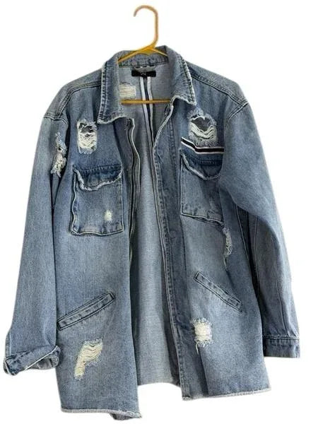 Missguided Distressed Denim Longline Jacket Light Blue