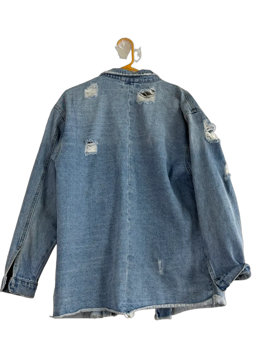 Missguided Distressed Denim Longline Jacket Light Blue - back