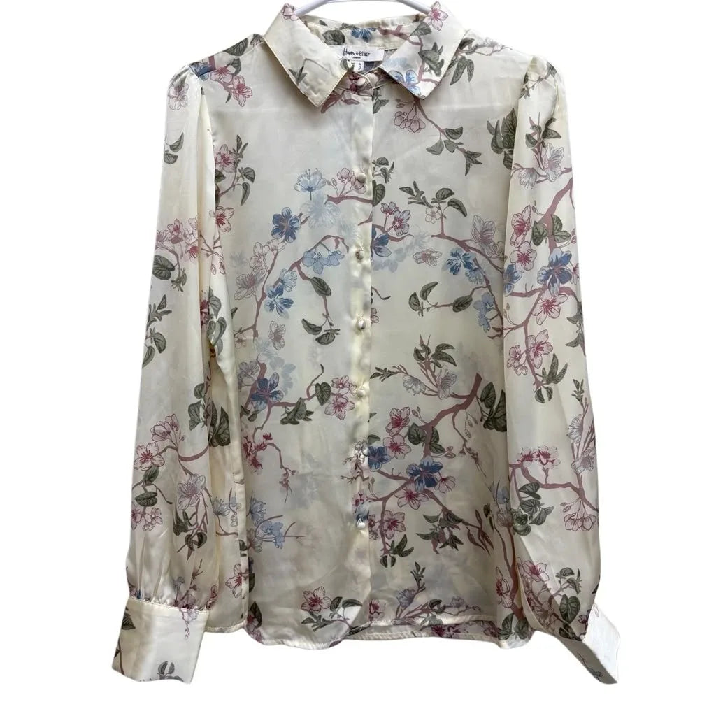 Haver & Blair Floral Satin Button-Down Blouse Cream - front