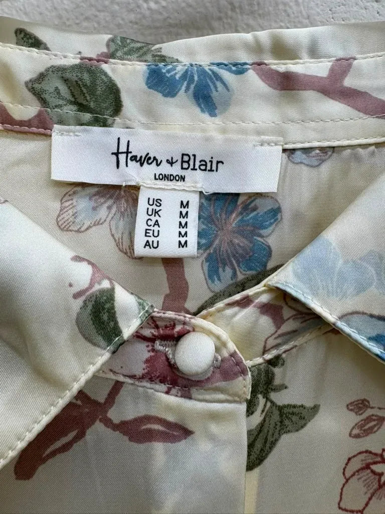 Haver & Blair Floral Satin Button-Down Blouse Cream - label