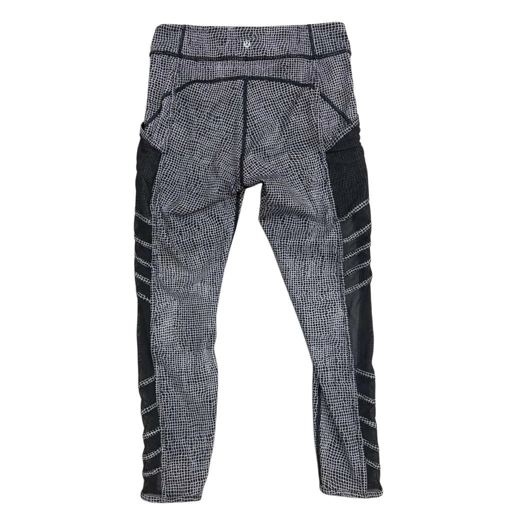Lululemon Grid Print Crop Athletic Leggings Mesh Panels Black