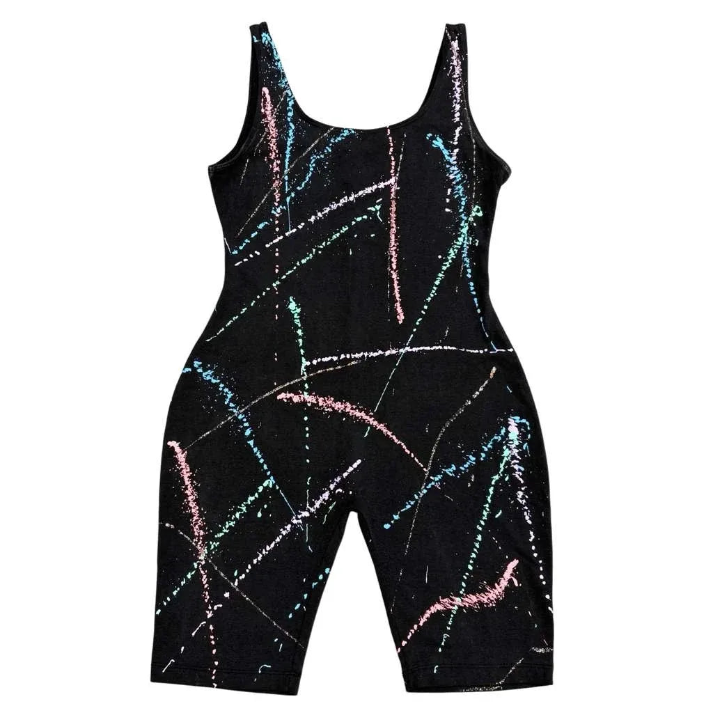 Black Splatter Paint Print Biker Unitard Romper - front