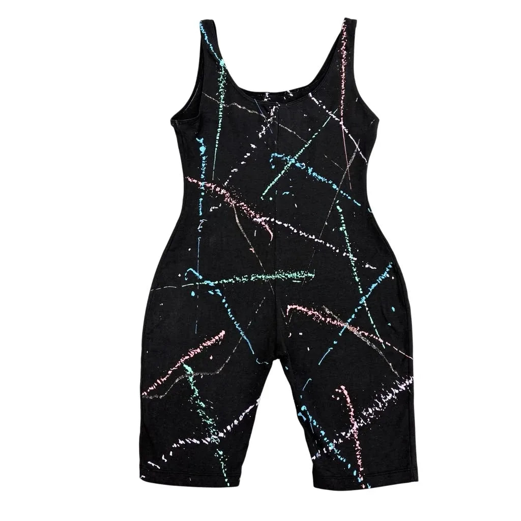 Black Splatter Paint Print Biker Unitard Romper - front