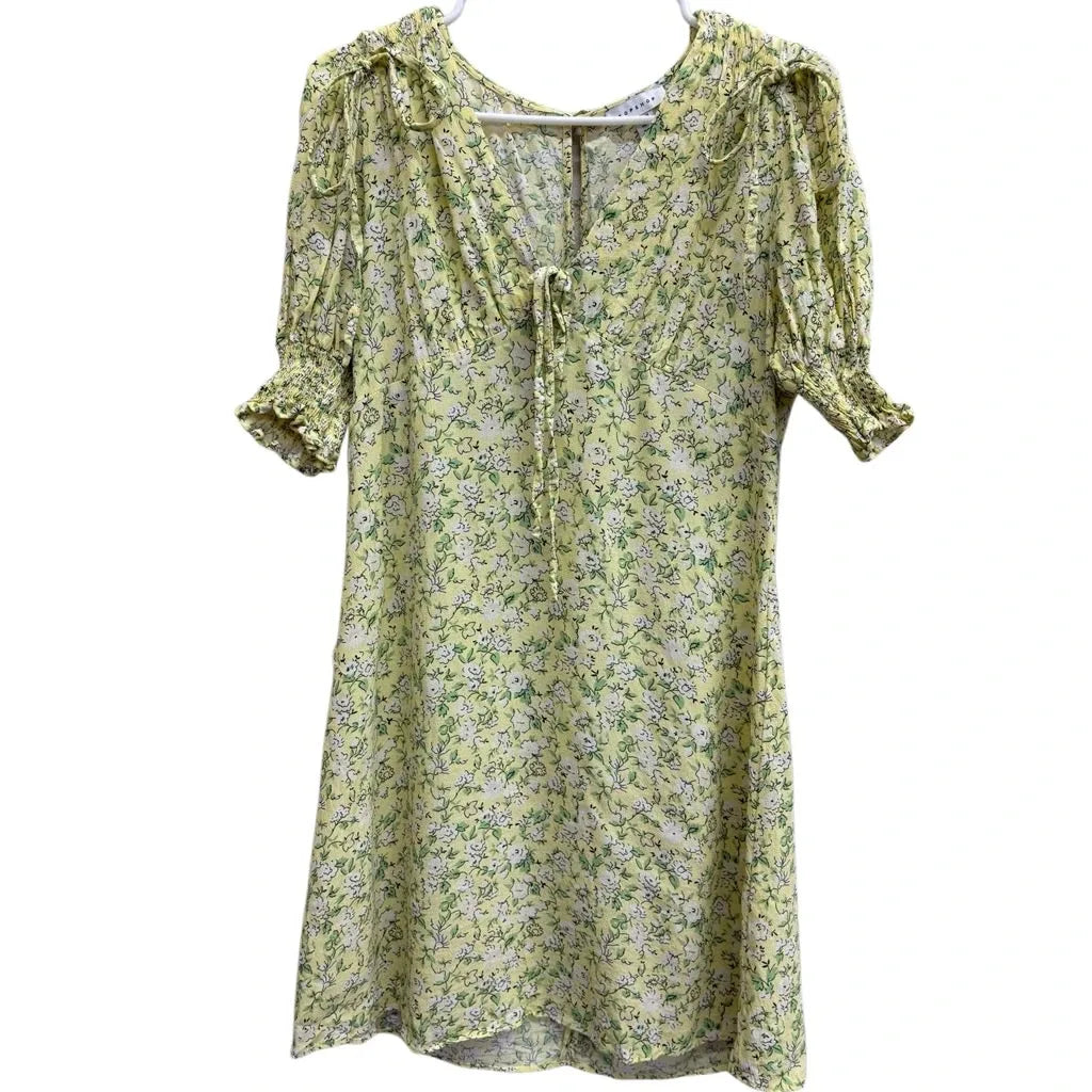 Topshop Yellow Floral Mini Dress Puff Sleeves - front