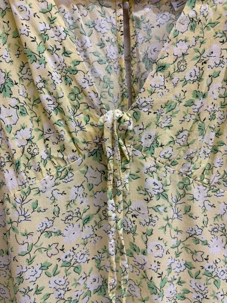 Topshop Yellow Floral Mini Dress Puff Sleeves - detail