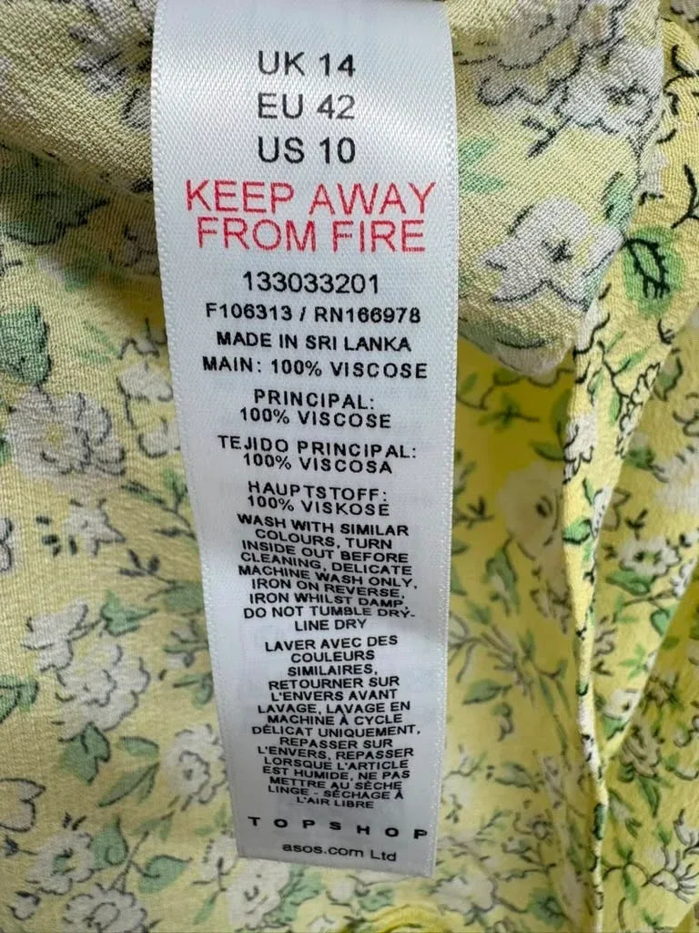 Topshop Yellow Floral Mini Dress Puff Sleeves - tag