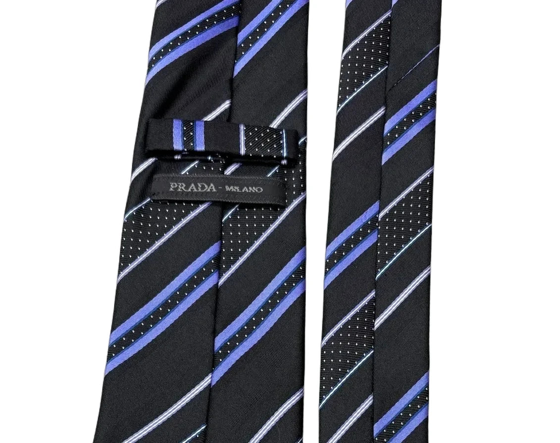 Prada Black & Blue Striped Silk Tie - back