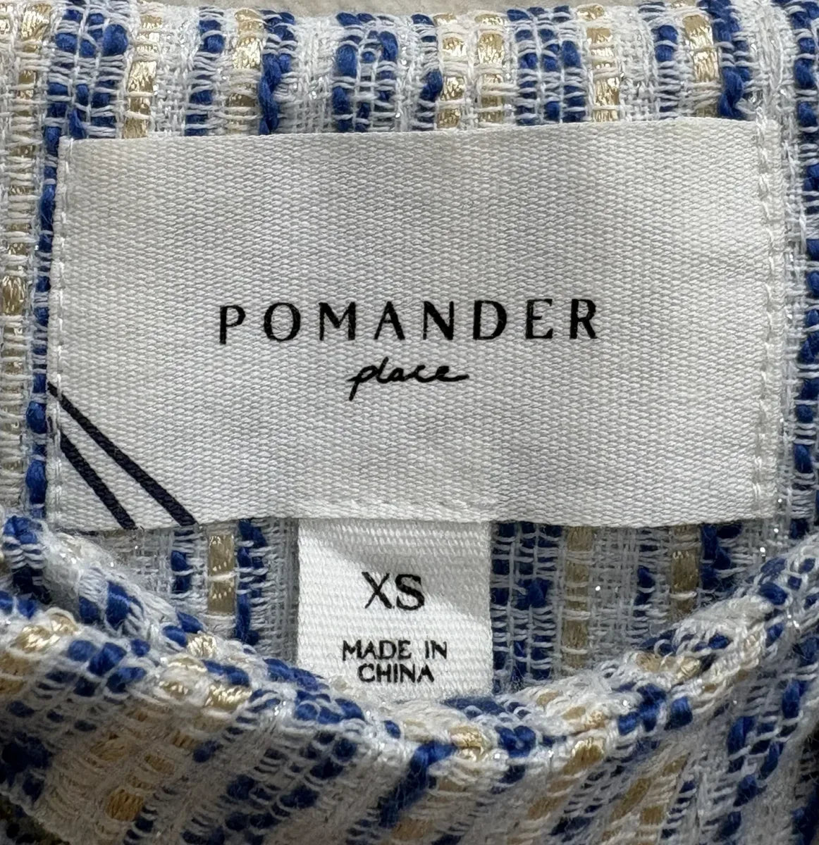 Pomander Place Striped Tweed Sleeveless Mini Dress Blue - label