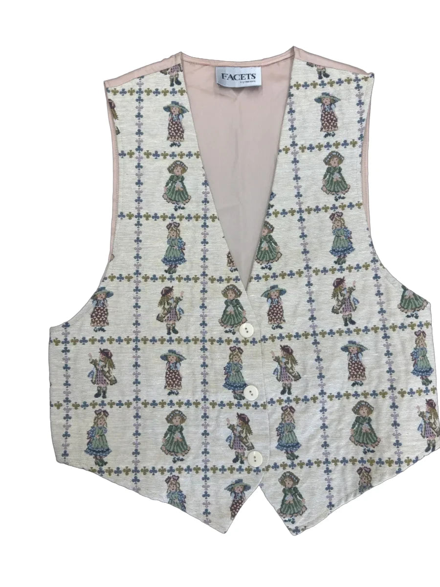 Facets by Mirrors Victorian Doll Print Tapestry Vest - front