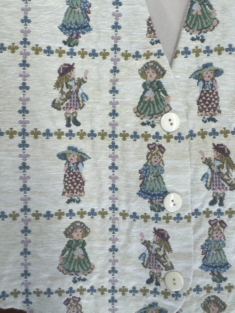 Facets by Mirrors Victorian Doll Print Tapestry Vest - detail