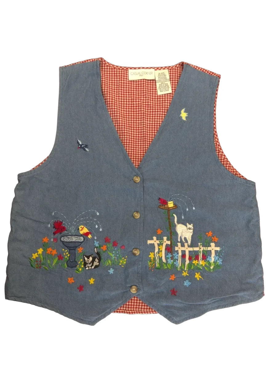 Casual Corner Denim Gingham Embroidered Garden Vest - front