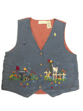 Casual Corner Denim Gingham Embroidered Garden Vest - front