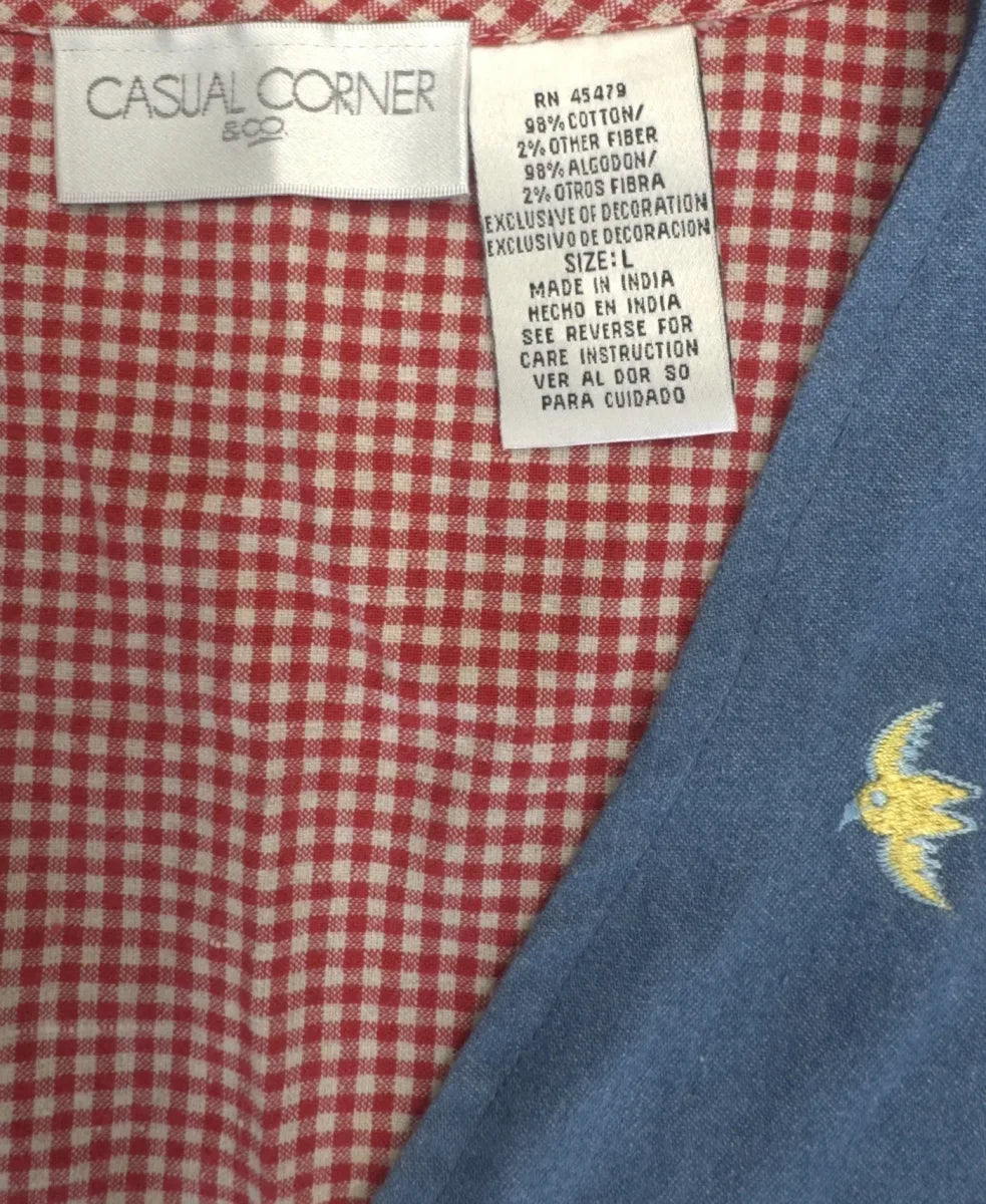 Casual Corner Denim Gingham Embroidered Garden Vest - label