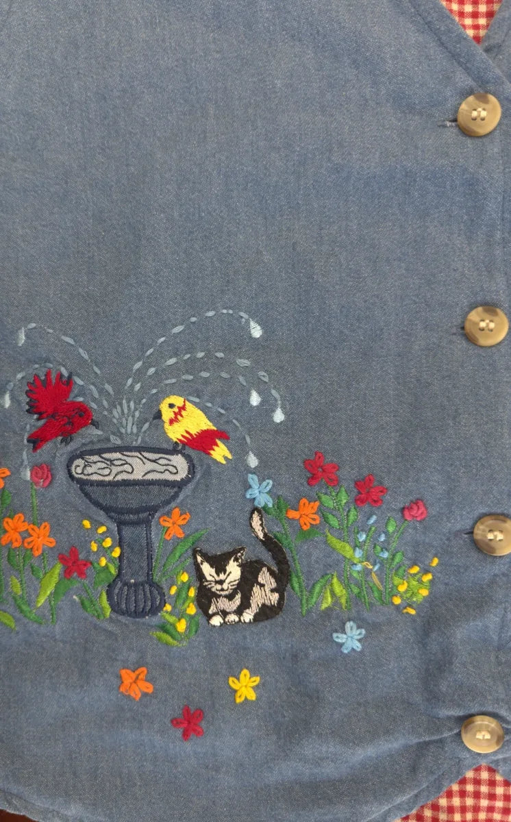 Casual Corner Denim Gingham Embroidered Garden Vest - detail