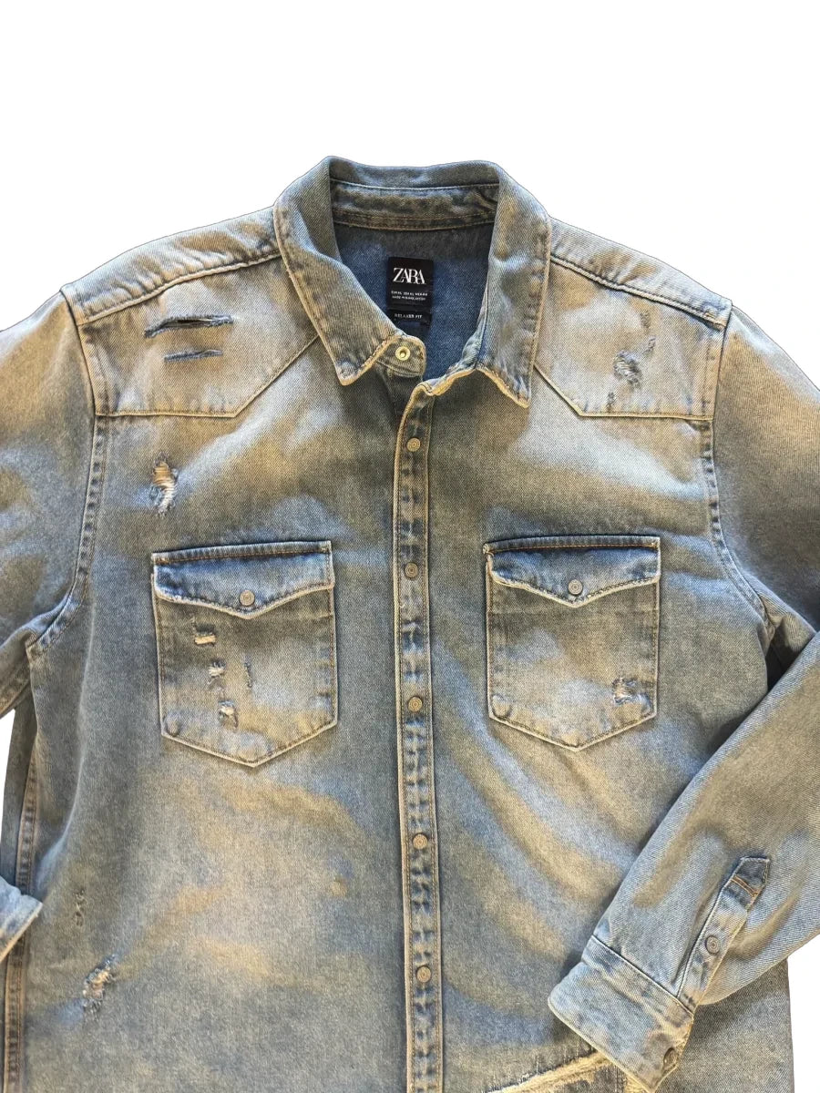 Zara Distressed Relaxed Fit Denim Jacket XL - front