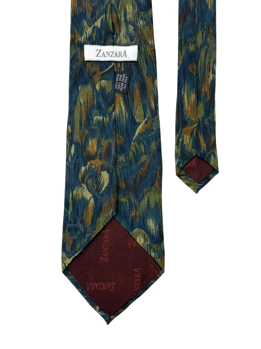 Zanzara Blue Gold Abstract Floral Silk Tie - back
