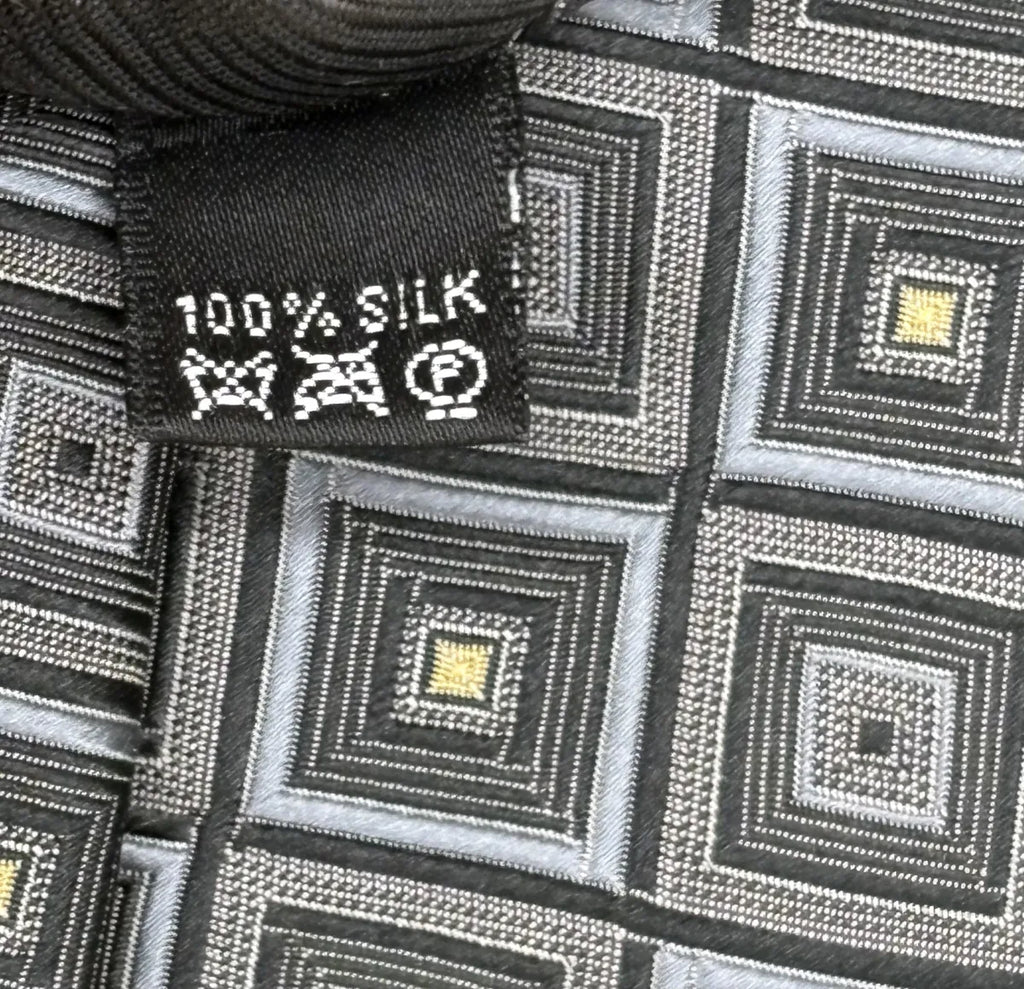 Jim Thompson Silk Tie Gray Black Concentric Square Pattern - tag