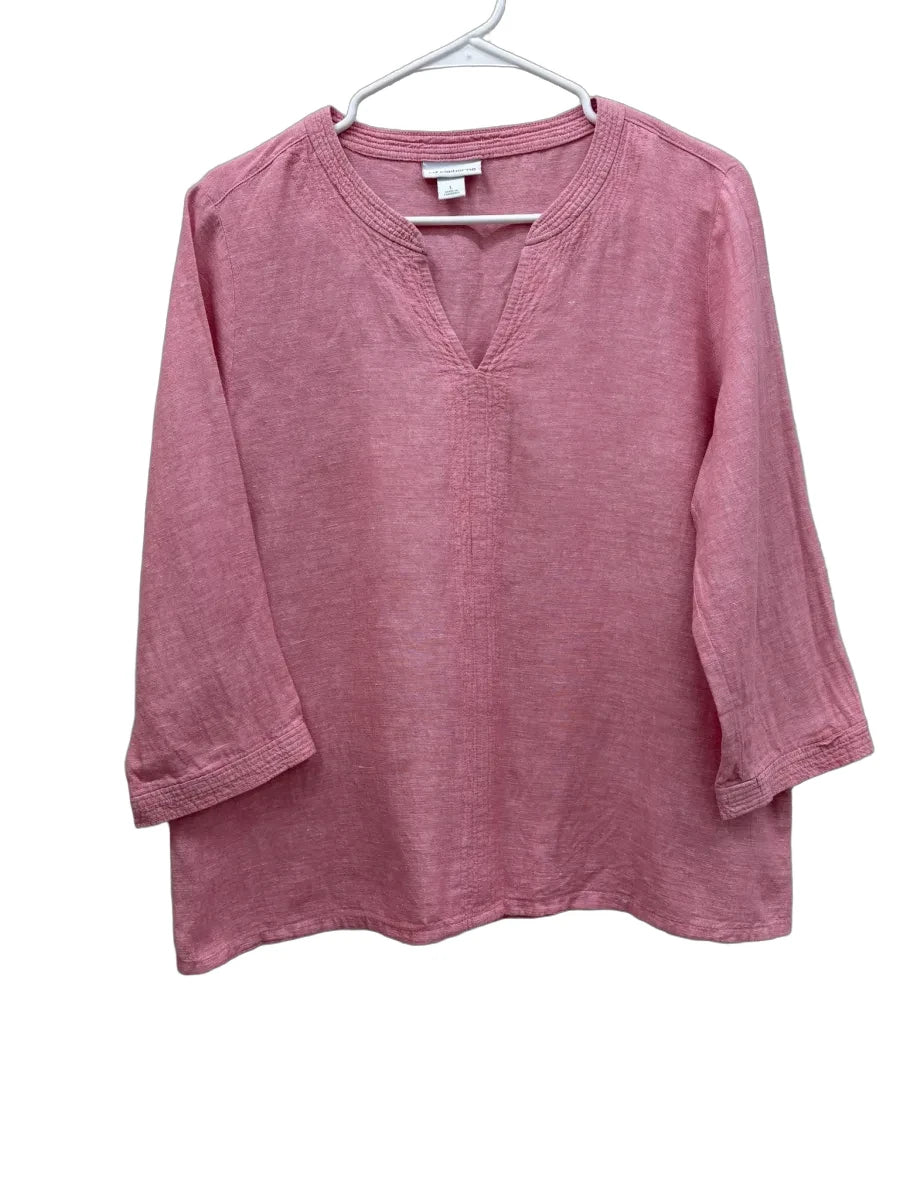 Liz Claiborne Pink Linen Cotton V-Neck Top - front