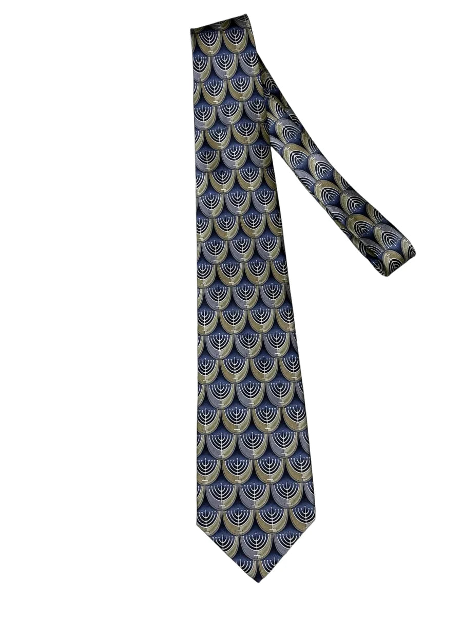 Stonehenge Blue & Gold Menorah Print Silk Tie - front
