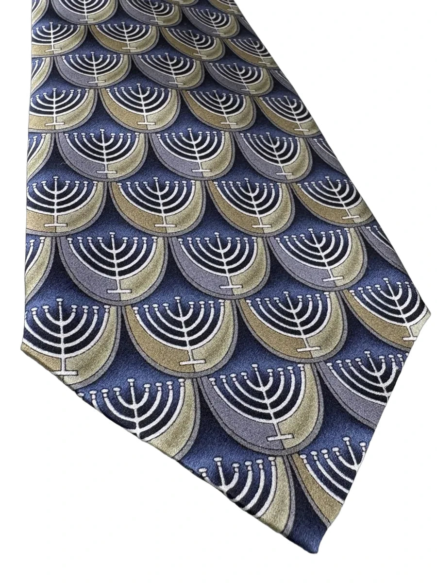 Stonehenge Blue & Gold Menorah Print Silk Tie - detail