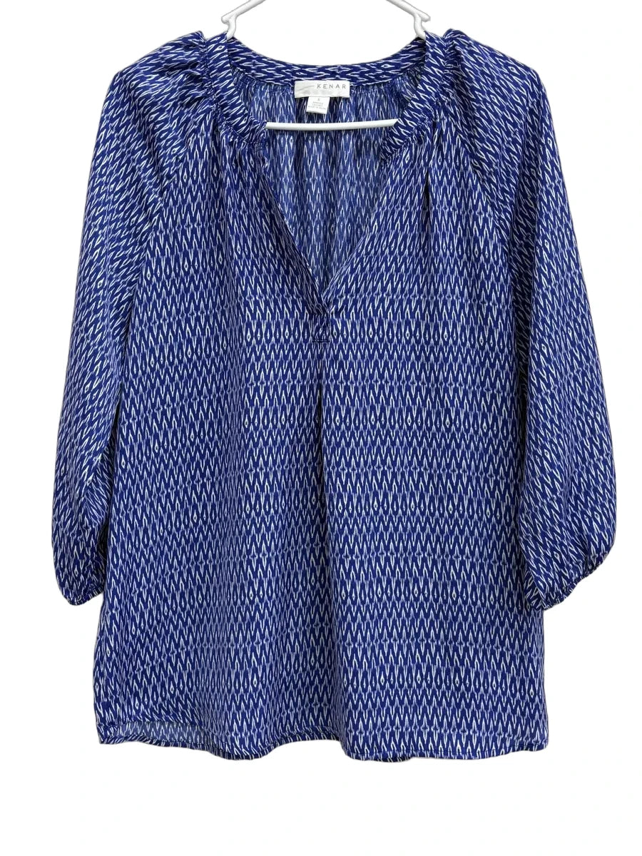 Kenar Blue White Ikat Print Peasant Blouse - front