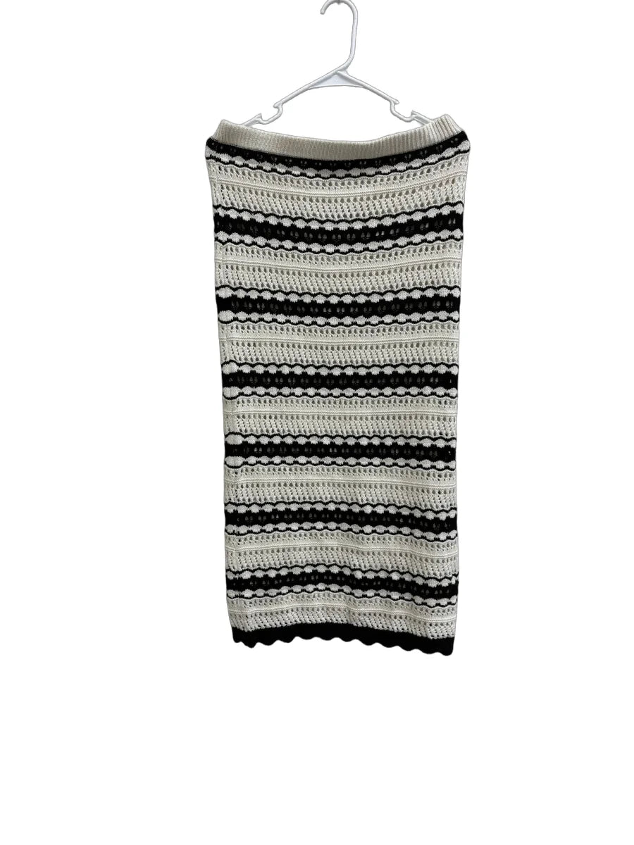 Cream & Black Striped Crochet Knit Midi Skirt M - front