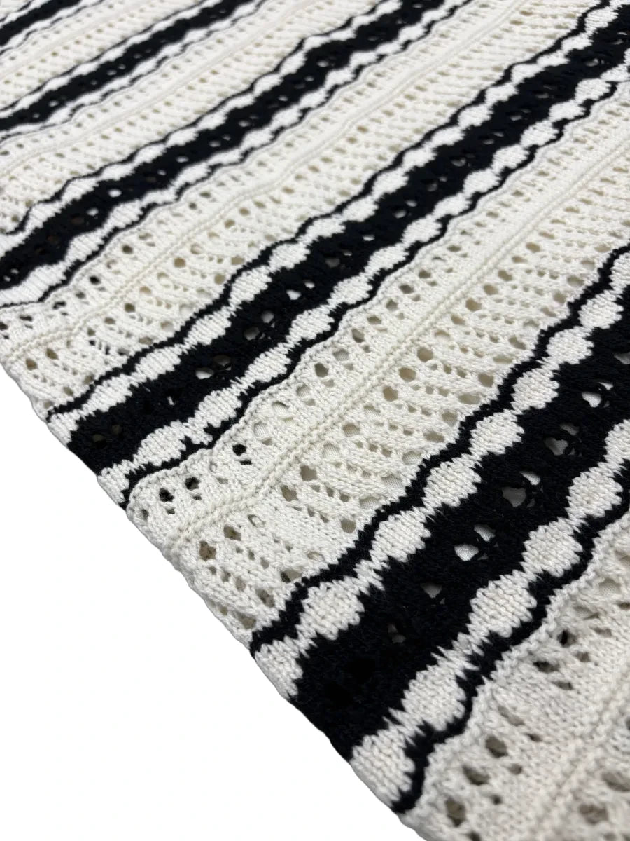 Cream & Black Striped Crochet Knit Midi Skirt M - fabric