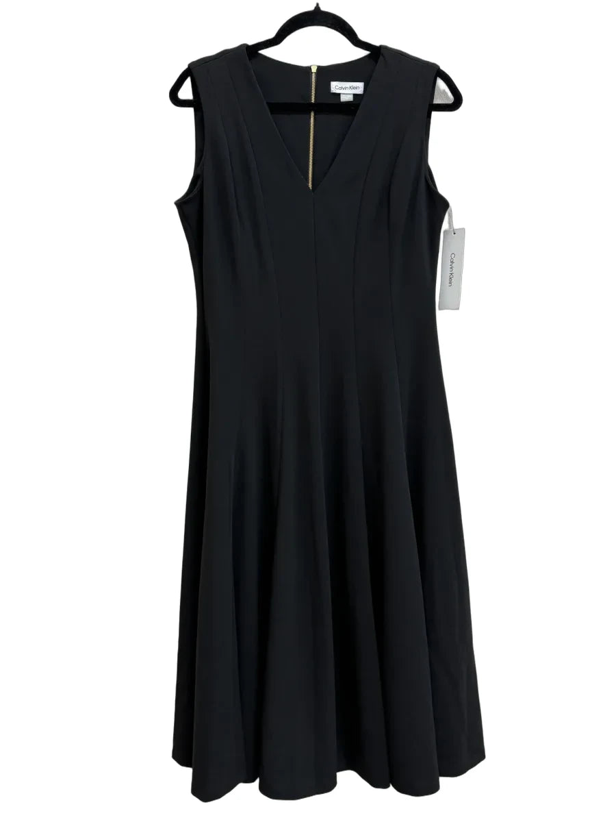 Calvin Klein V-Neck Sleeveless Fit and Flare Midi Dress Black - front