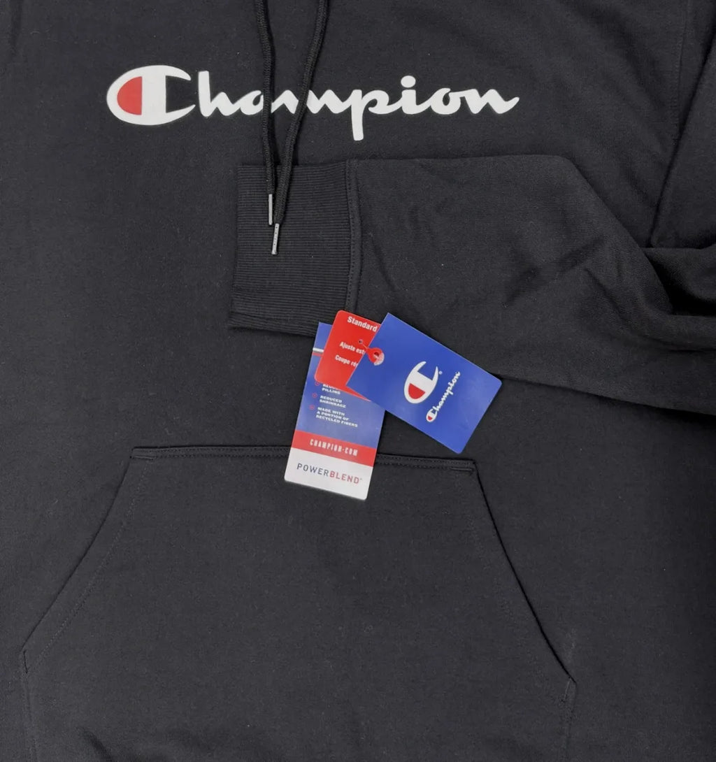 Champion Powerblend Script Logo Pullover Hoodie Black - detail