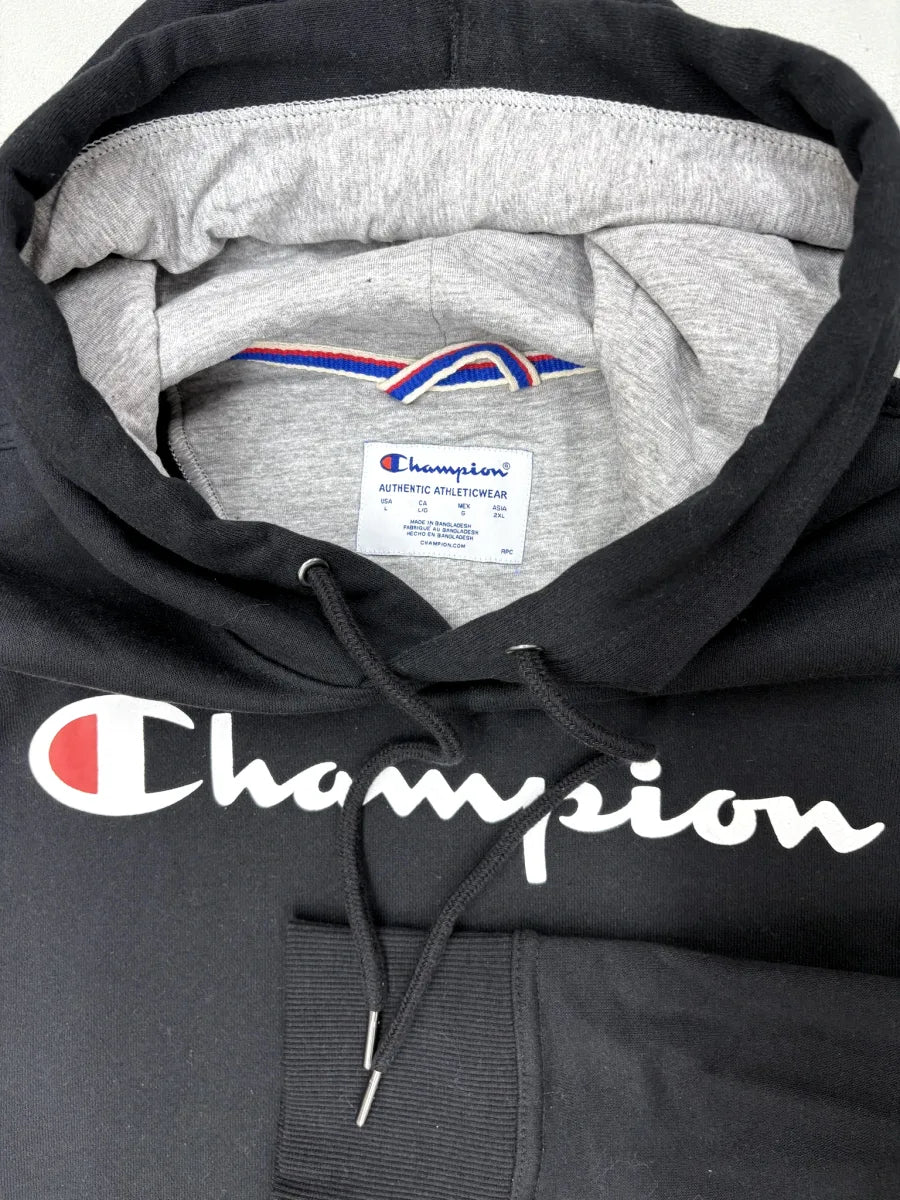 Champion Powerblend Script Logo Pullover Hoodie Black - label