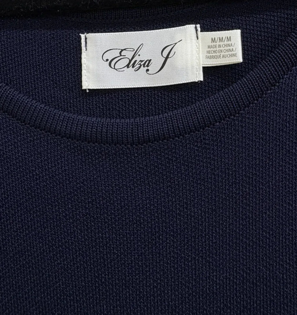 Eliza J Knit Fit and Flare Sleeveless Dress Navy - label