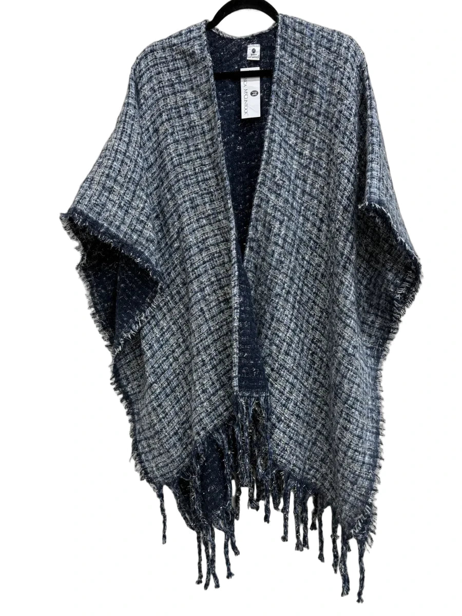 Jessica McClintock Tweed Open-Front Fringe Wrap Ruana Navy - front