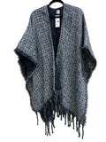 Jessica McClintock Tweed Open-Front Fringe Wrap Ruana Navy - front