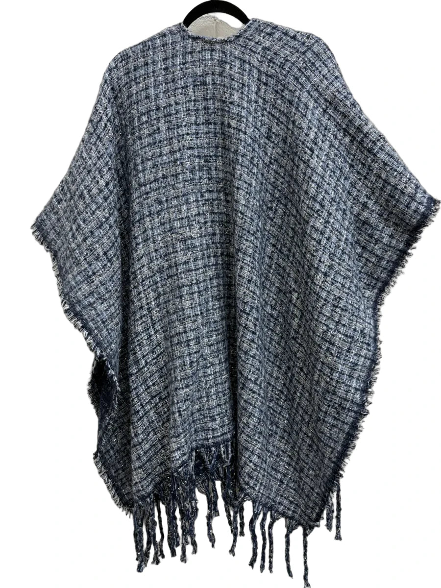 Jessica McClintock Tweed Open-Front Fringe Wrap Ruana Navy - back