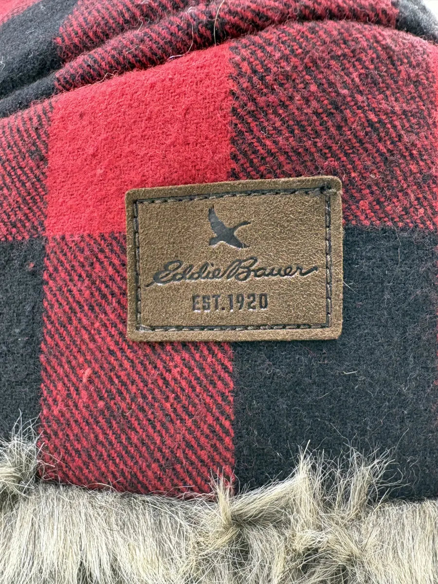 Eddie Bauer Buffalo Plaid Faux Fur Trapper Hat - label