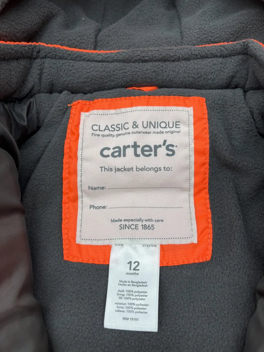 Carter's Puffer Hooded Baby Jacket Orange Gray - tag