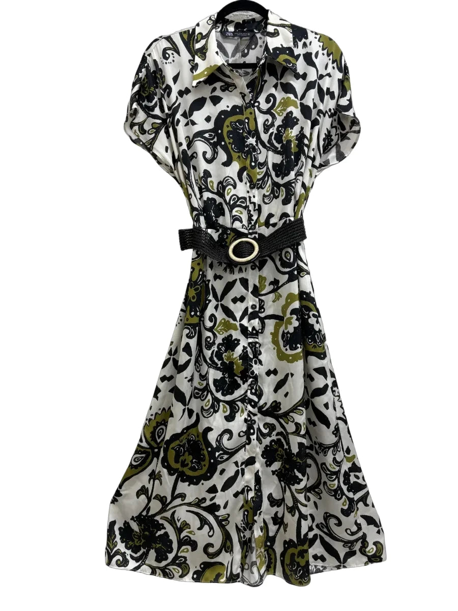 Zara Paisley Print Belted Midi Shirt Dress White - front