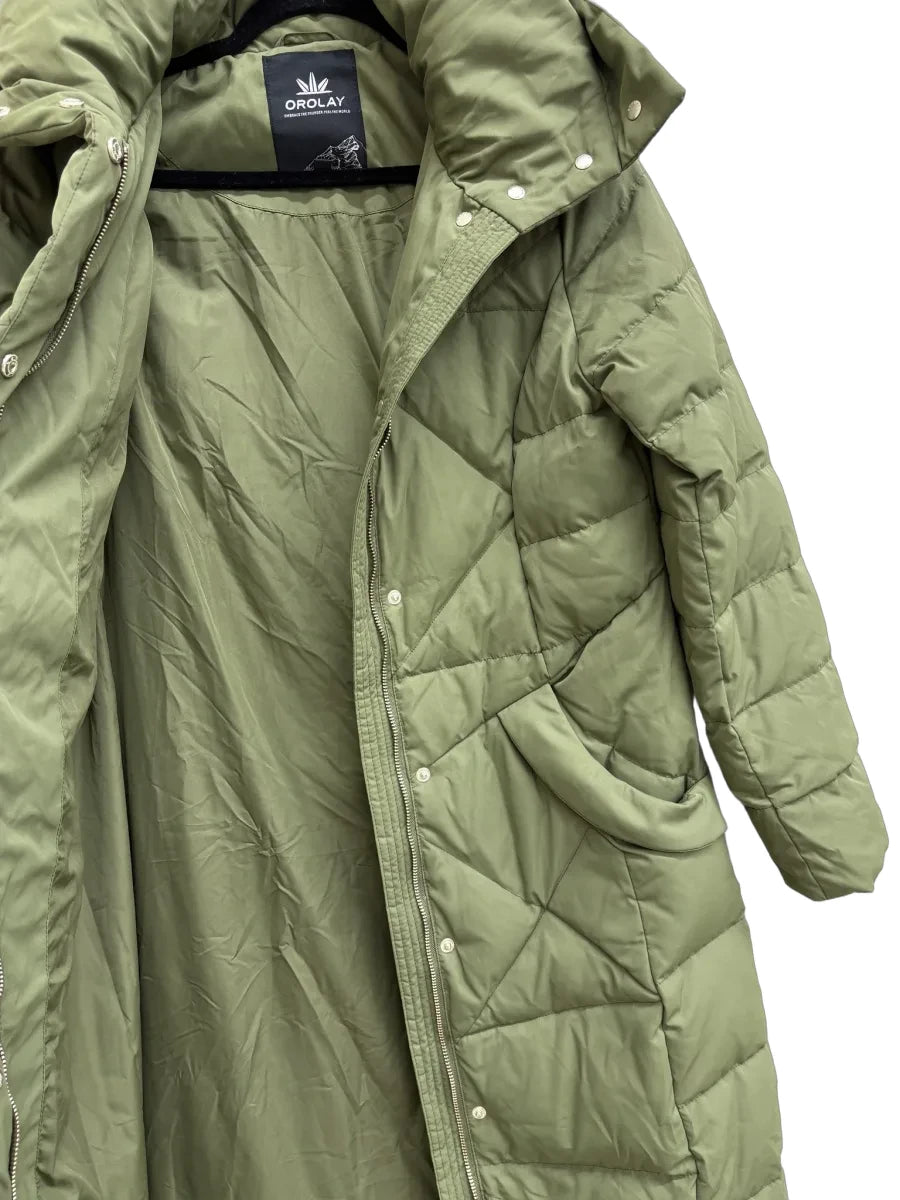 Orolay Long Quilted Puffer Coat Olive Green - detail