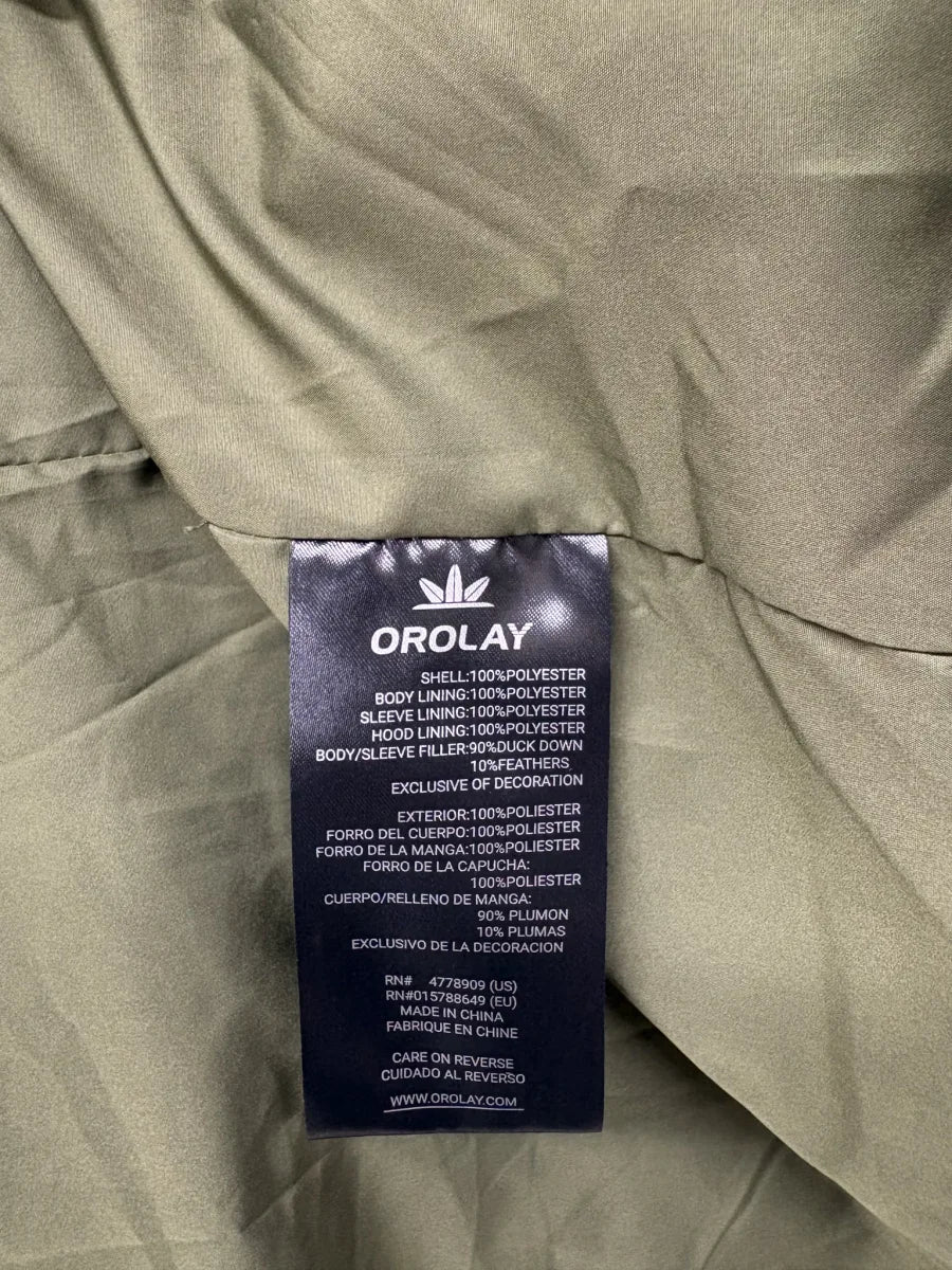 Orolay Long Quilted Puffer Coat Olive Green - label