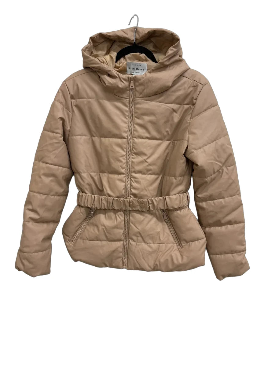 Haute Monde Faux Leather Belted Puffer Jacket Tan - front