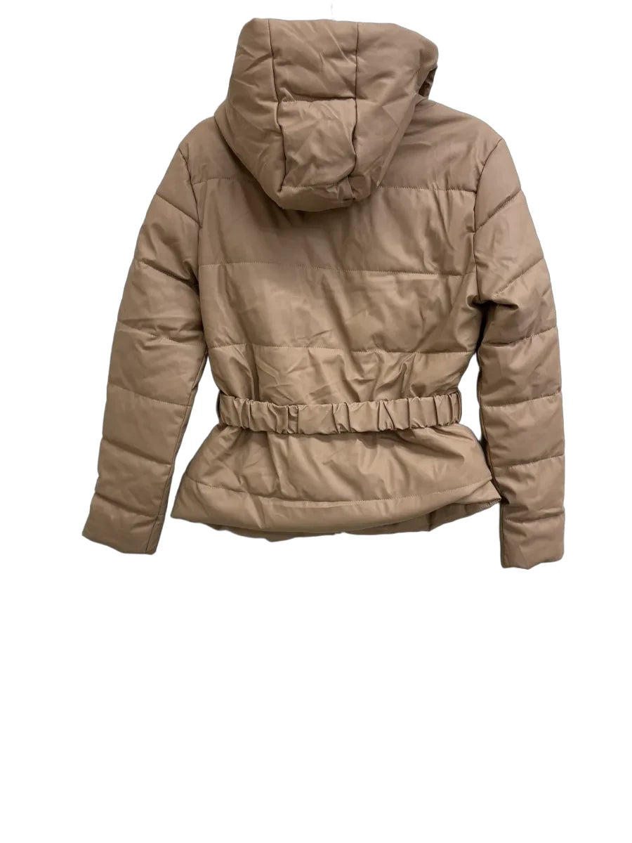 Haute Monde Faux Leather Belted Puffer Jacket Tan - back