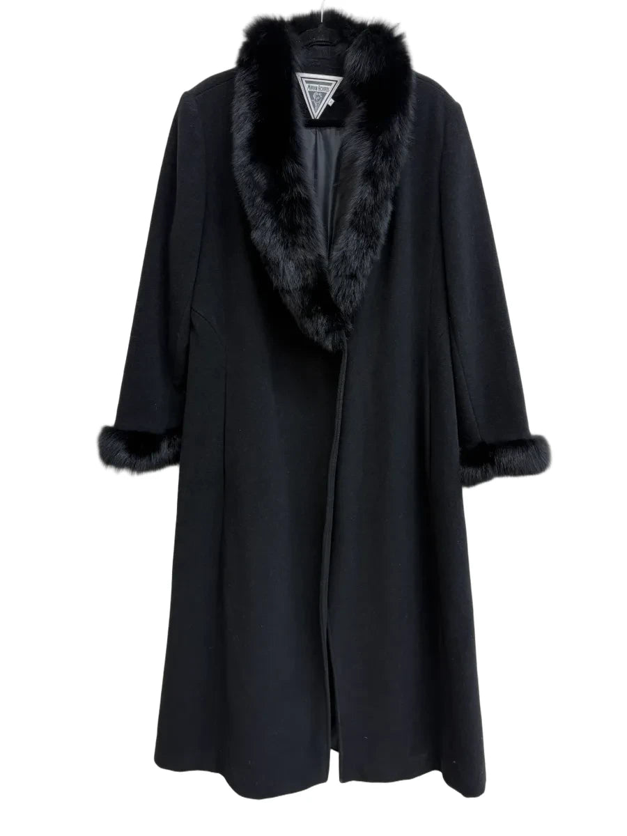 Marvin Richards Wool Coat Fox Fur Trim Black - front