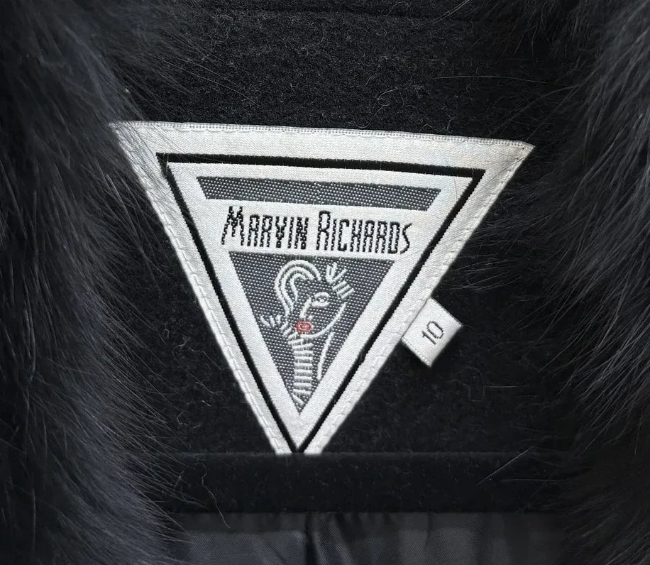 Marvin Richards Wool Coat Fox Fur Trim Black - tag