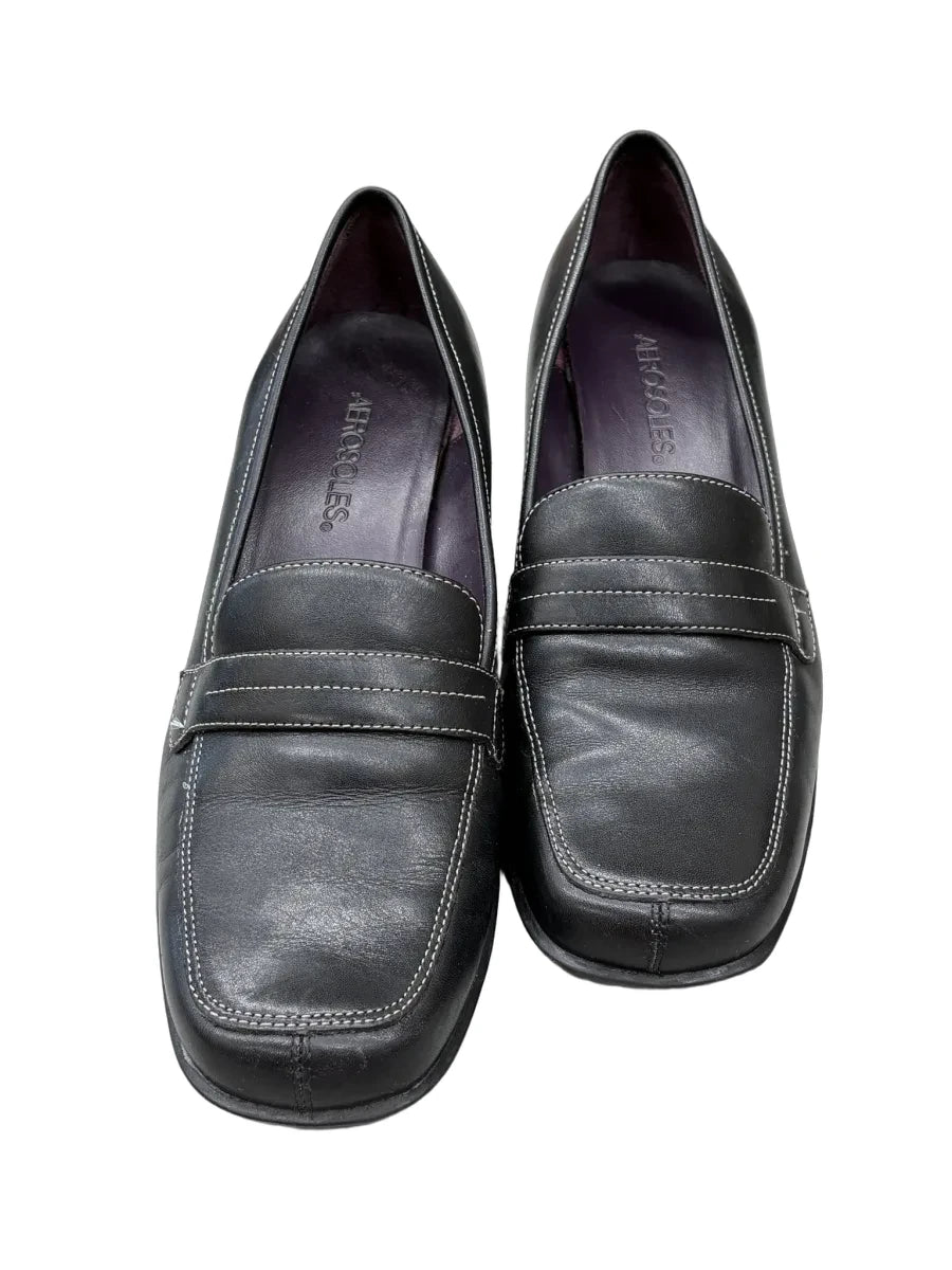 Aerosoles Black Leather Penny Loafer Block Heel - front