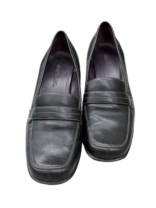 Aerosoles Black Leather Penny Loafer Block Heel - front