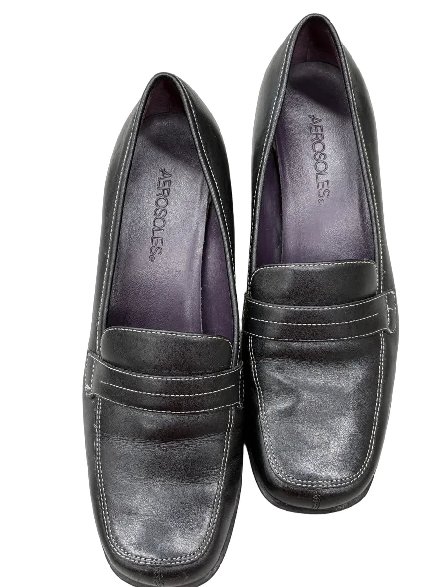 Aerosoles Black Leather Penny Loafer Block Heel - front