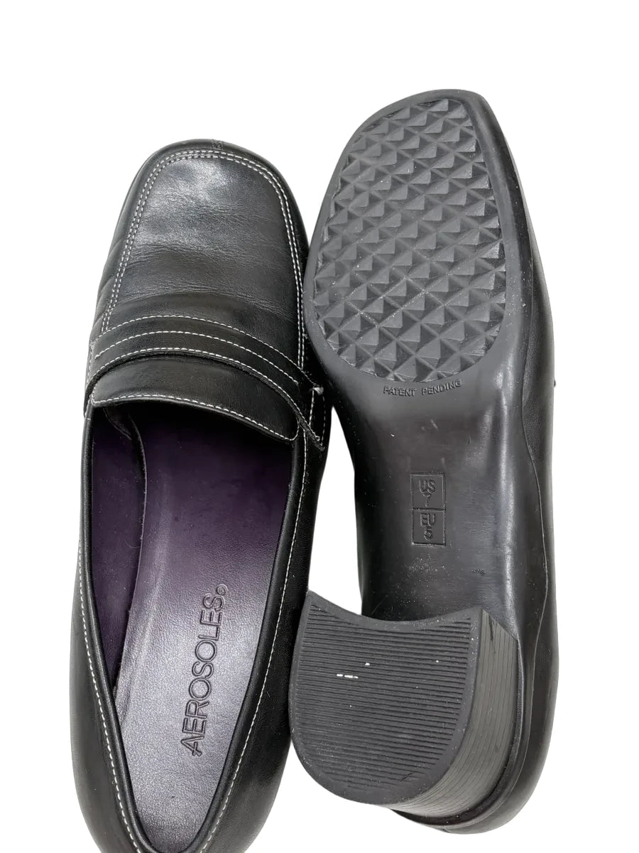 Aerosoles Black Leather Penny Loafer Block Heel - back