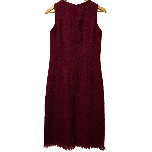 Kenneth Cole New York Burgundy Sleeveless Tweed Sheath Dress Size 4 Fringe Hem