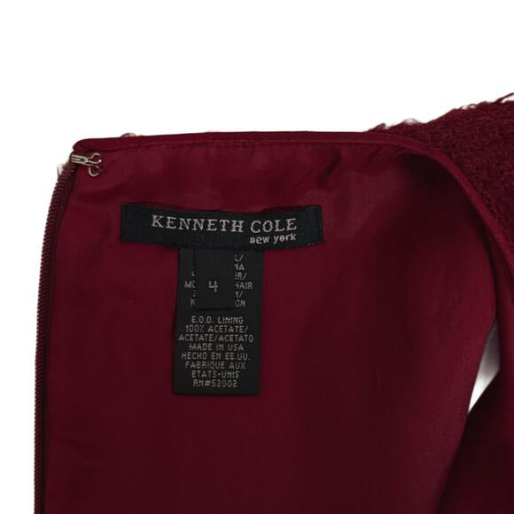 Kenneth Cole New York Burgundy Sleeveless Tweed Sheath Dress Size 4 Fringe Hem